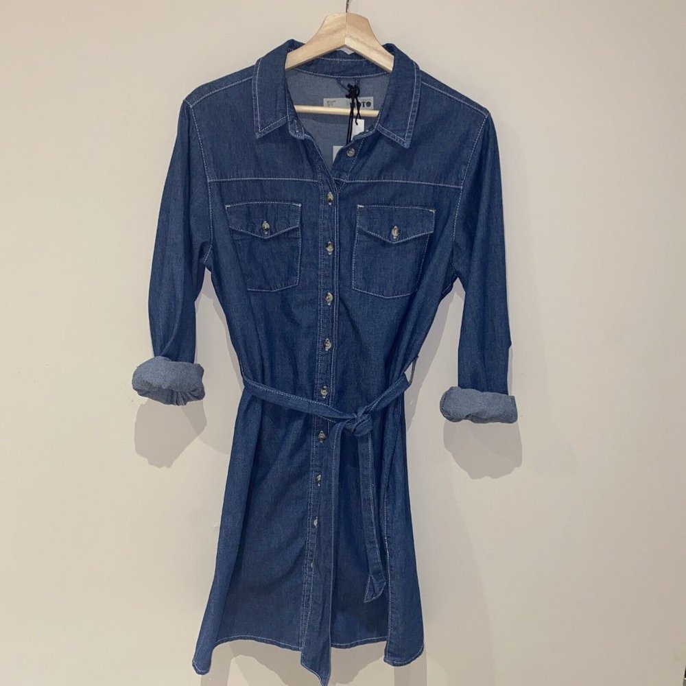 Topshop Moto Collared Button Down Blue Jean Dress Waist Belt S 6